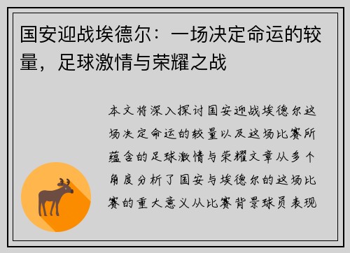 国安迎战埃德尔：一场决定命运的较量，足球激情与荣耀之战