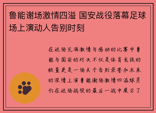 鲁能谢场激情四溢 国安战役落幕足球场上演动人告别时刻